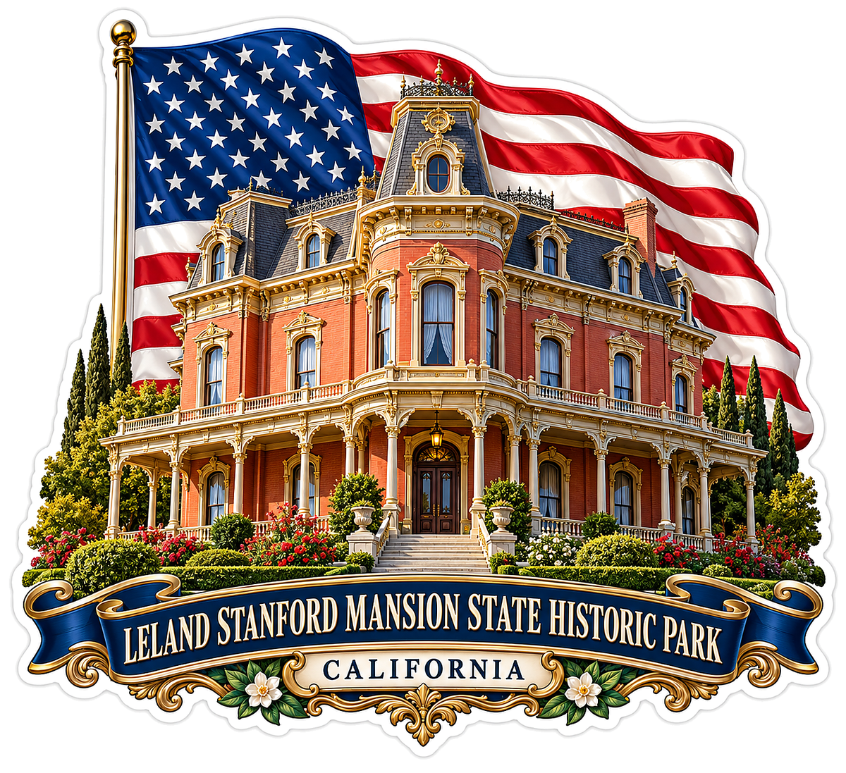 Leland Stanford Mansion and US Flag Vinyl Decal Stickers
