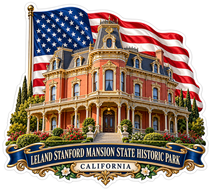 Leland Stanford Mansion and US Flag Vinyl Decal Stickers