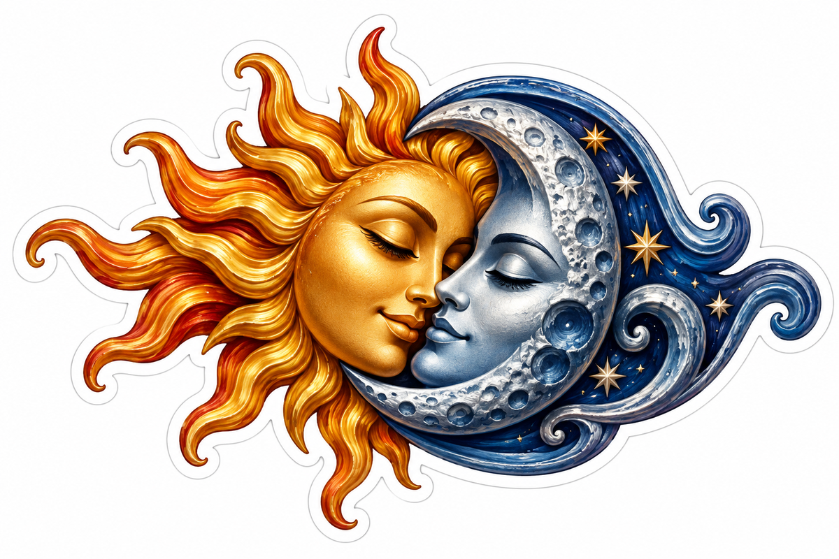 Golden Sun and Silver Crescent Faces Together Vinyl Decal Stickers