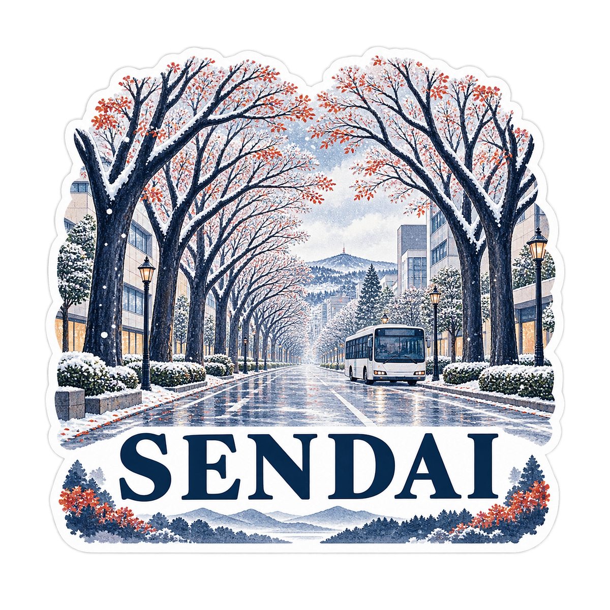 Sendai Snowy Tree Lined Boulevard Art Vinyl Decal Stickers