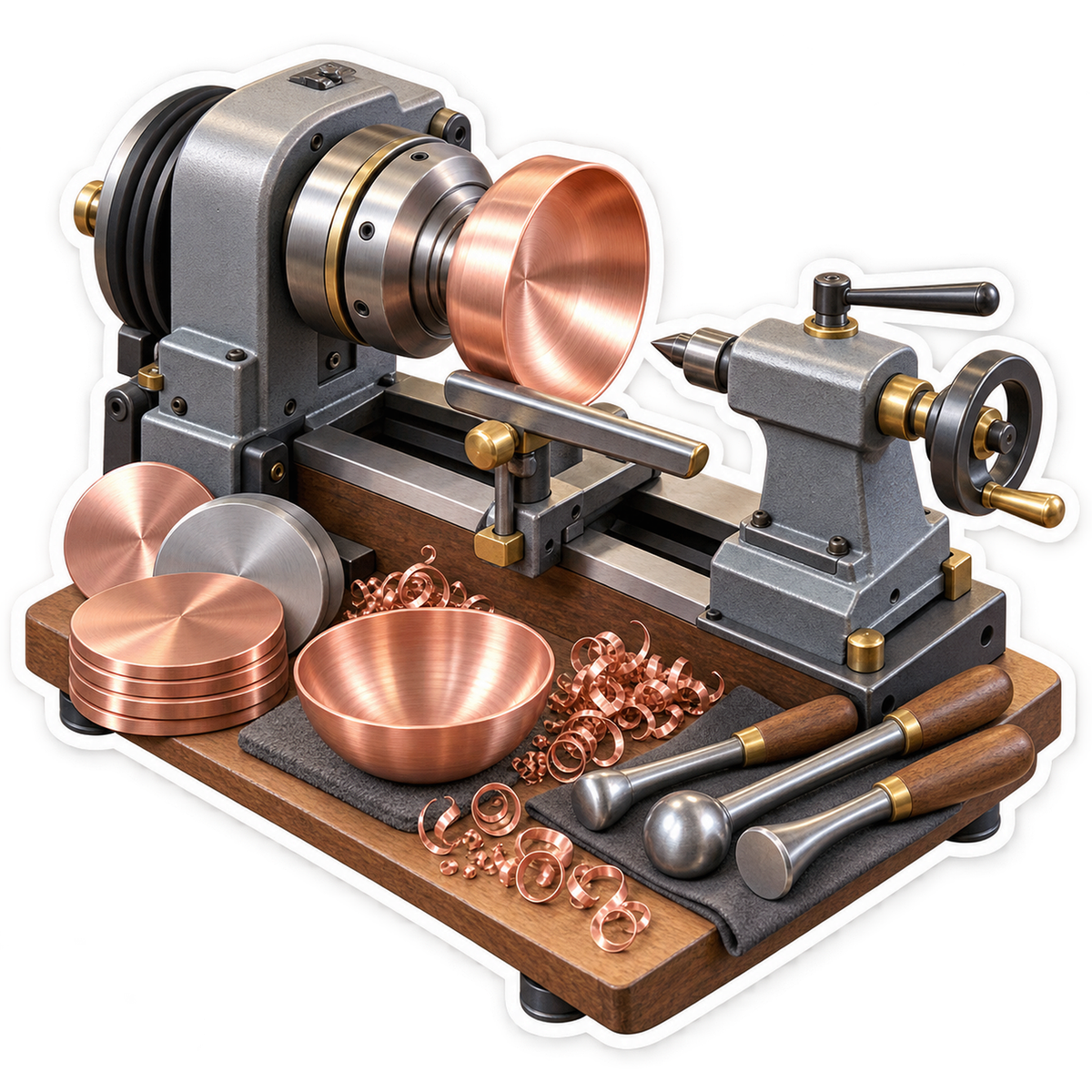 Gray Metal Lathe with Copper Bowls and Discs Vinyl Decal Stickers
