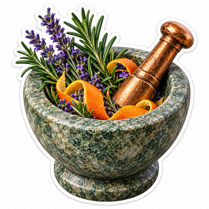 Stone Mortar with Herbs and Copper Pestle Vinyl Decal Stickers