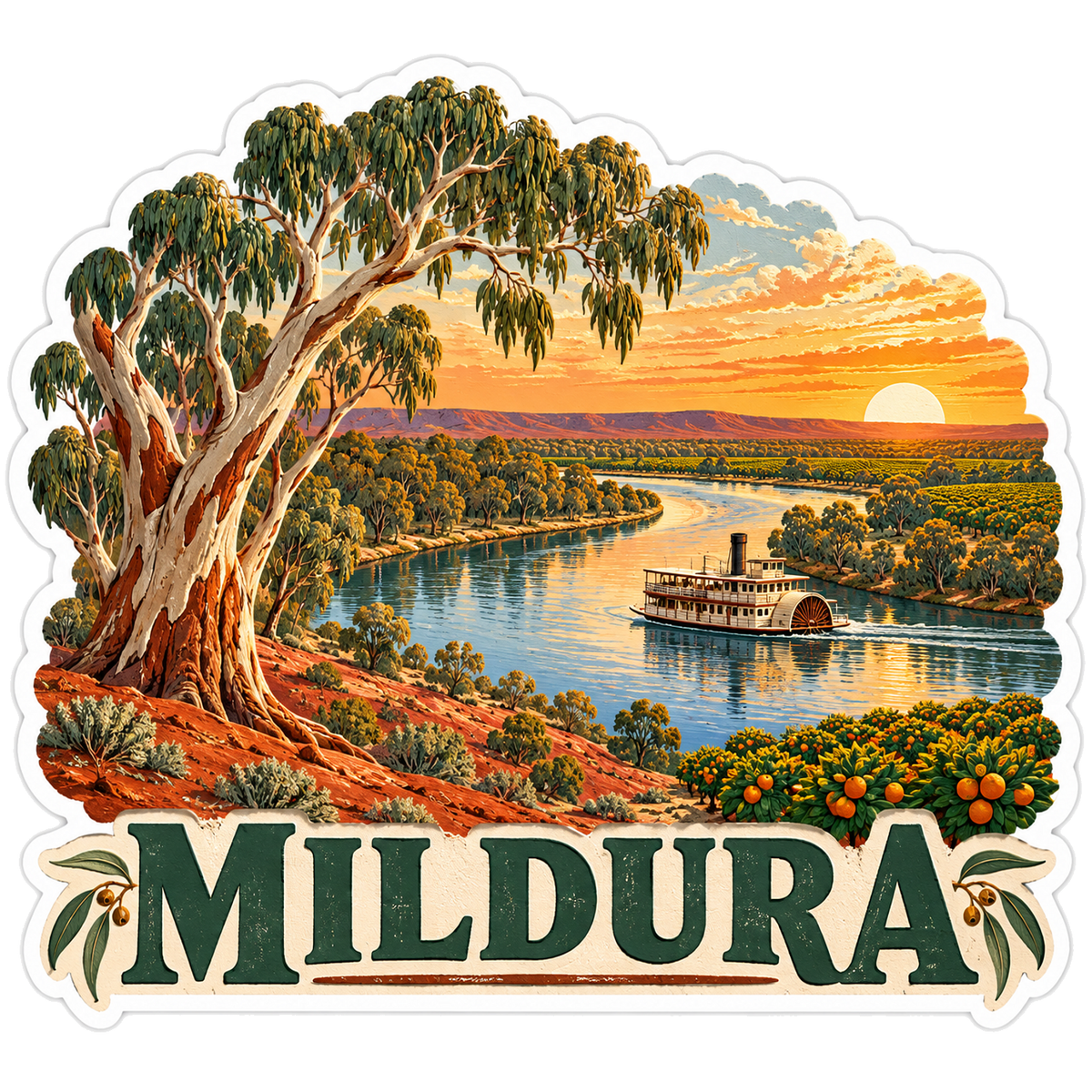 Mildura River Paddleboat and Sunset Art Vinyl Decal Stickers