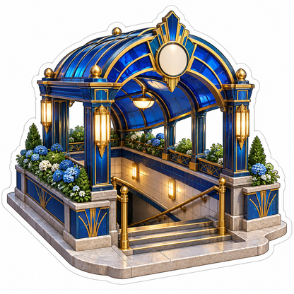 Blue Gold Arched Stair Entrance With Flowers Art Vinyl Decal Stickers