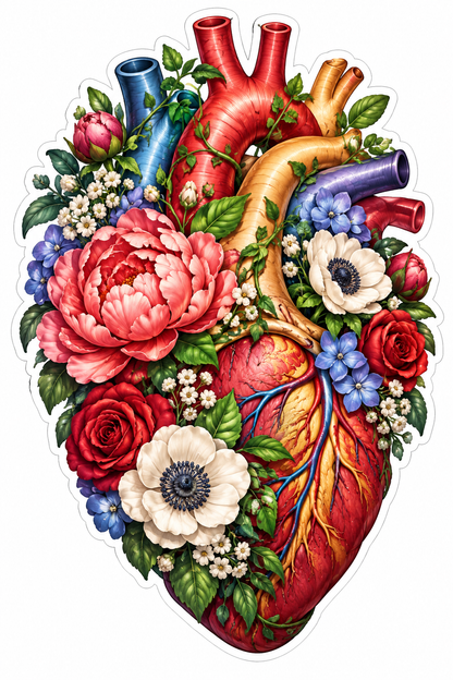 Red Heart Art with Peonies and Wildflowers Vinyl Decal Stickers