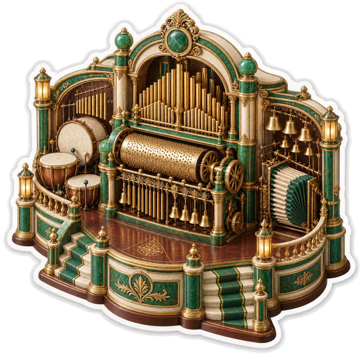 Green Mechanical Organ with Drums and Bells Vinyl Decal Stickers