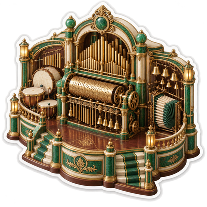 Green Mechanical Organ with Drums and Bells Vinyl Decal Stickers