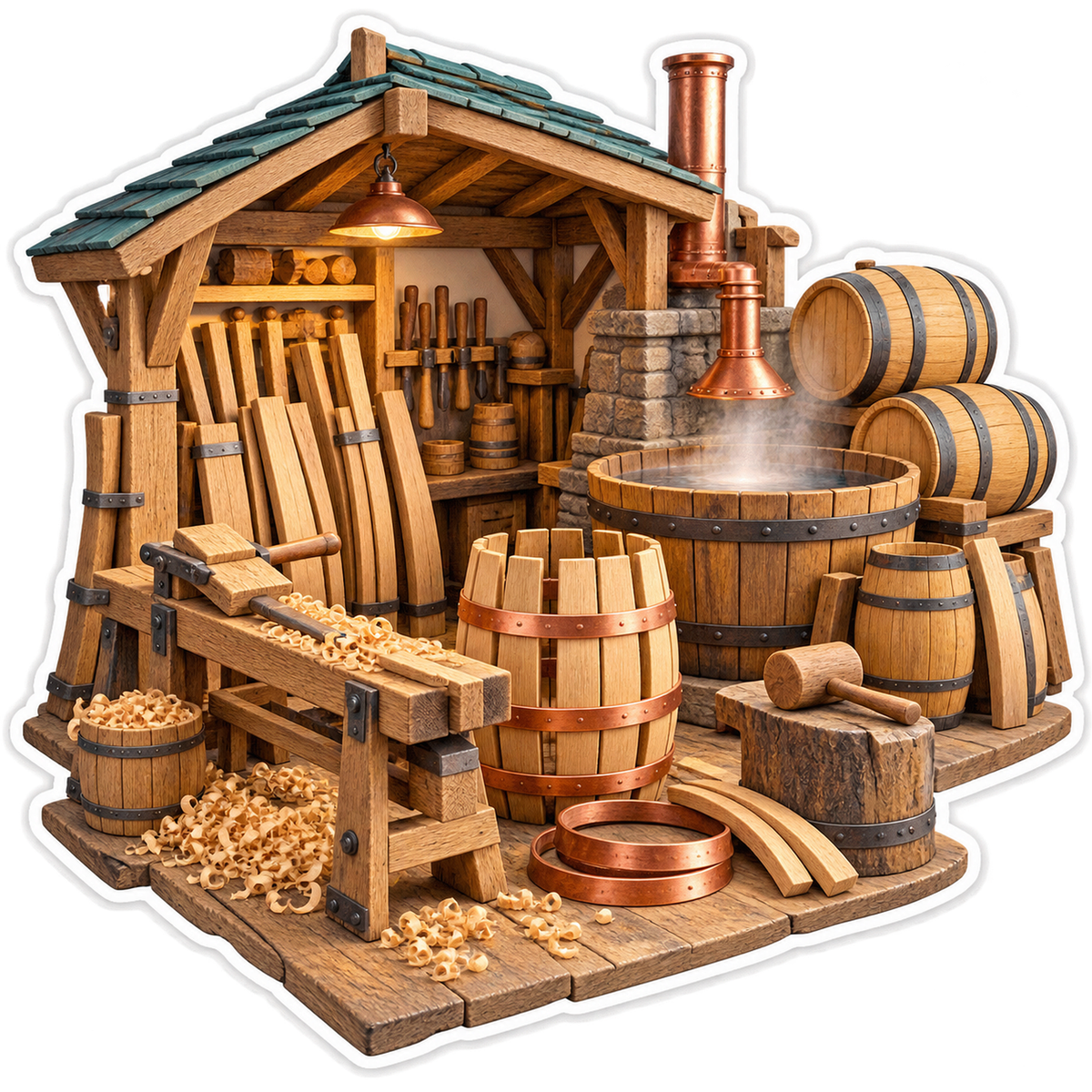 Wooden Barrel Workshop with Copper Chimney Vinyl Decal Stickers