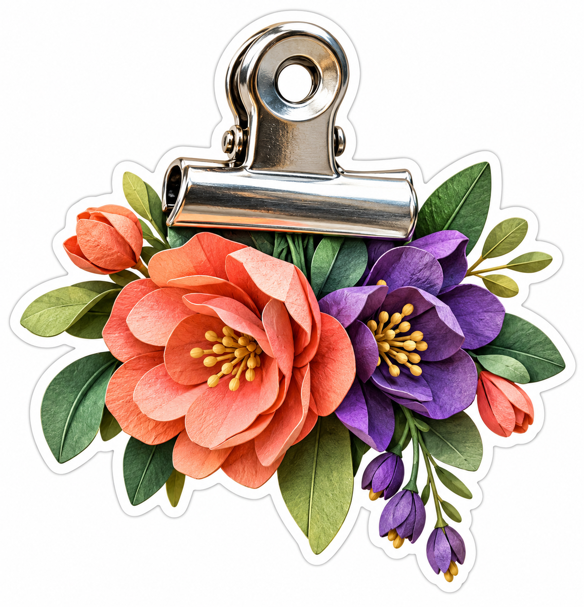 Silver Binder Clip with Coral Purple Flowers Vinyl Decal Stickers