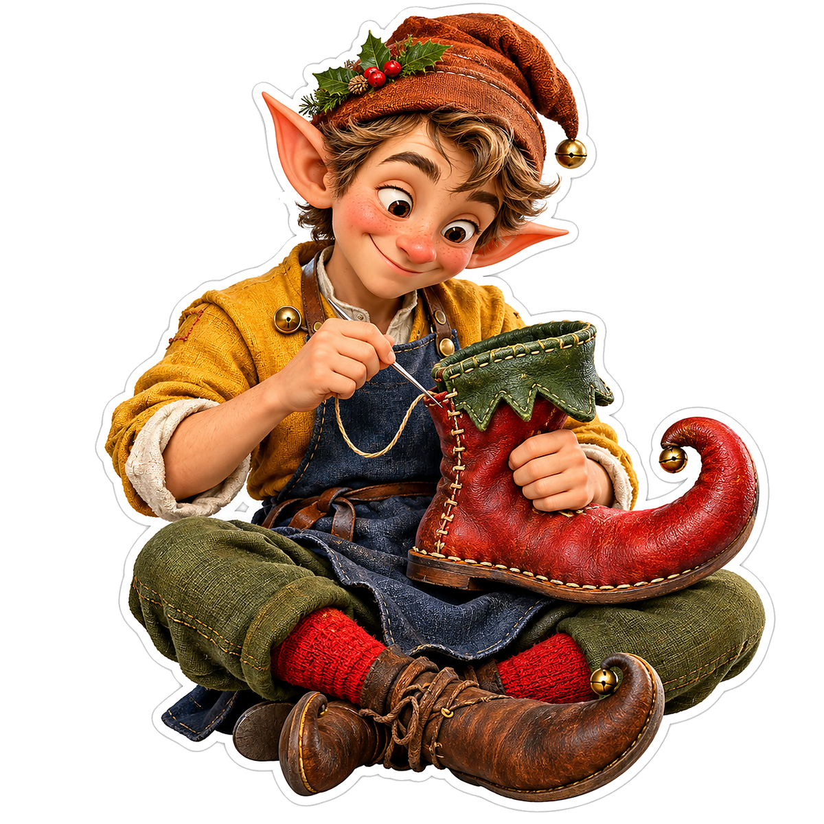Seated Elf Sewing Red Curled Shoe Art Vinyl Decal Stickers