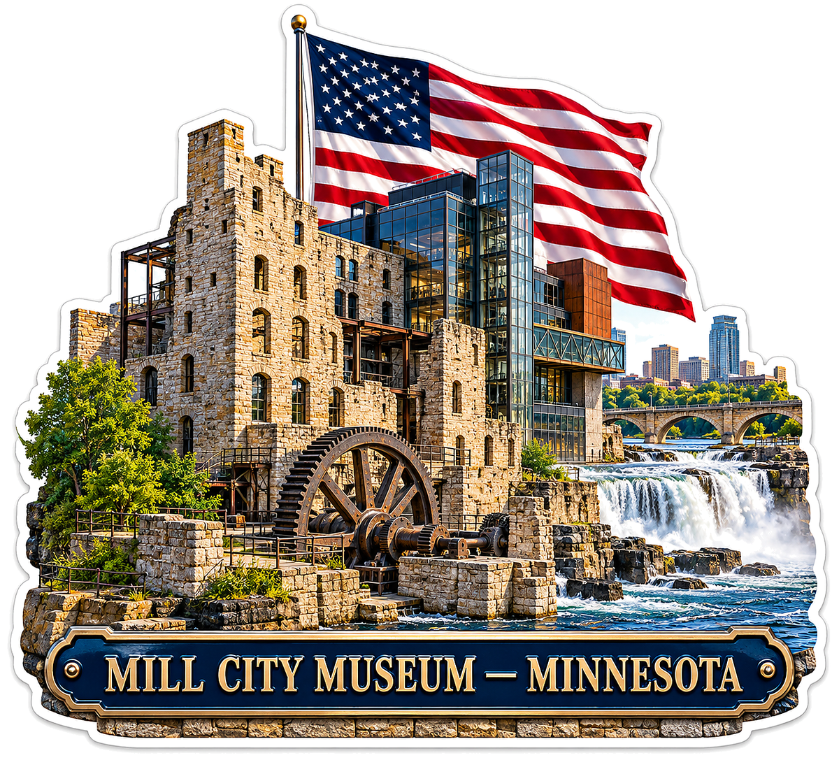 US Flag Mill City Stone Building and Waterwheel Vinyl Decal Stickers