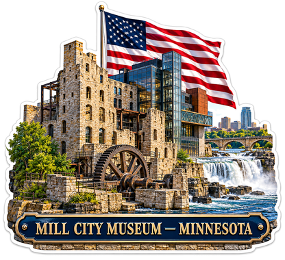 US Flag Mill City Stone Building and Waterwheel Vinyl Decal Stickers