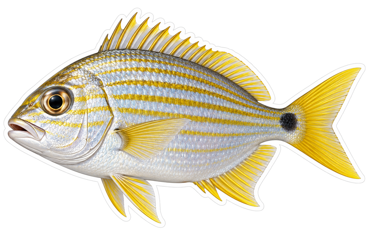 Silver Yellow Striped Fish with Tail Spot Art Vinyl Decal Stickers