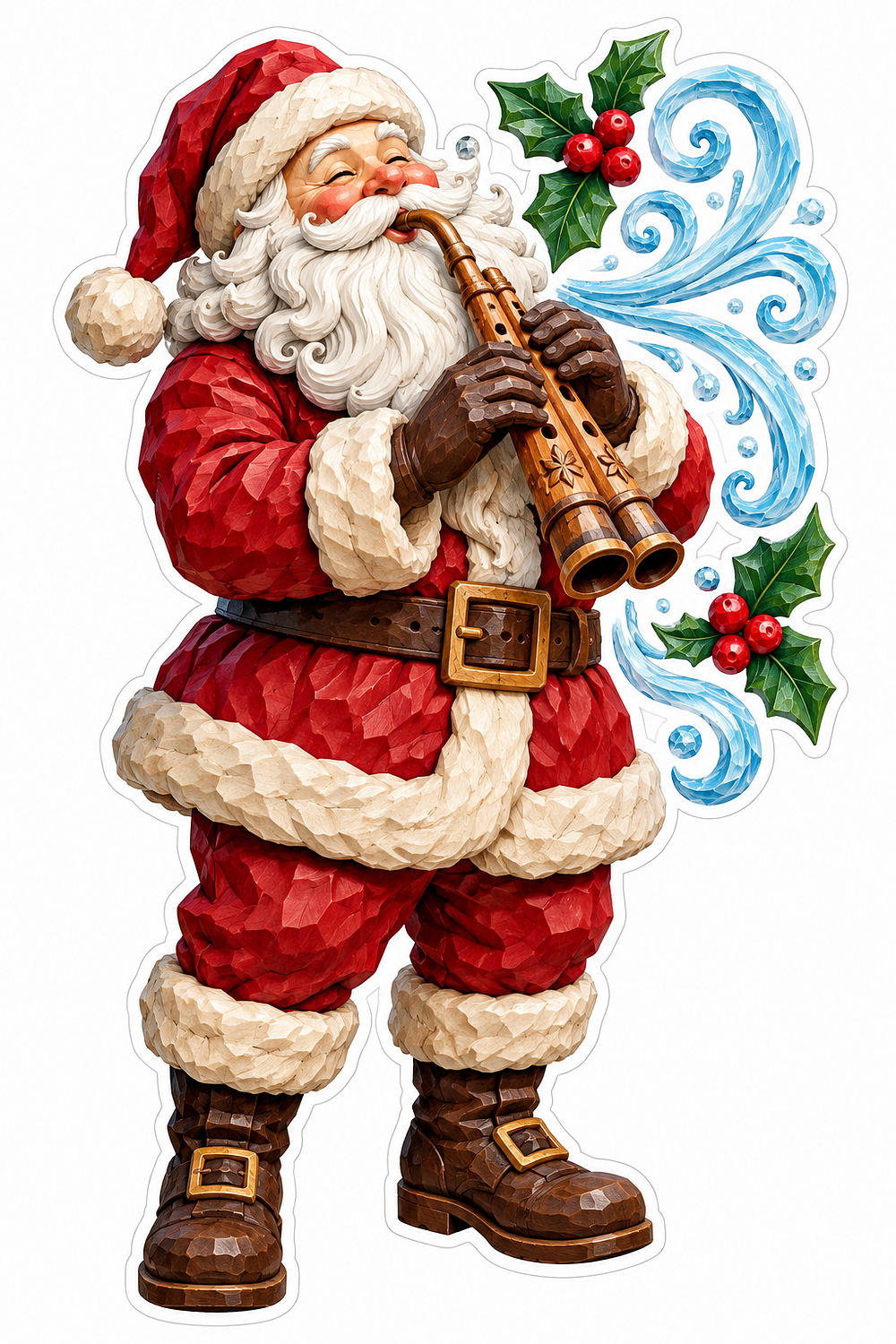 Santa Playing Twin Pipes with Blue Holly Swirls Vinyl Decal Stickers