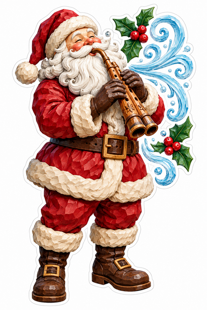 Santa Playing Twin Pipes with Blue Holly Swirls Vinyl Decal Stickers