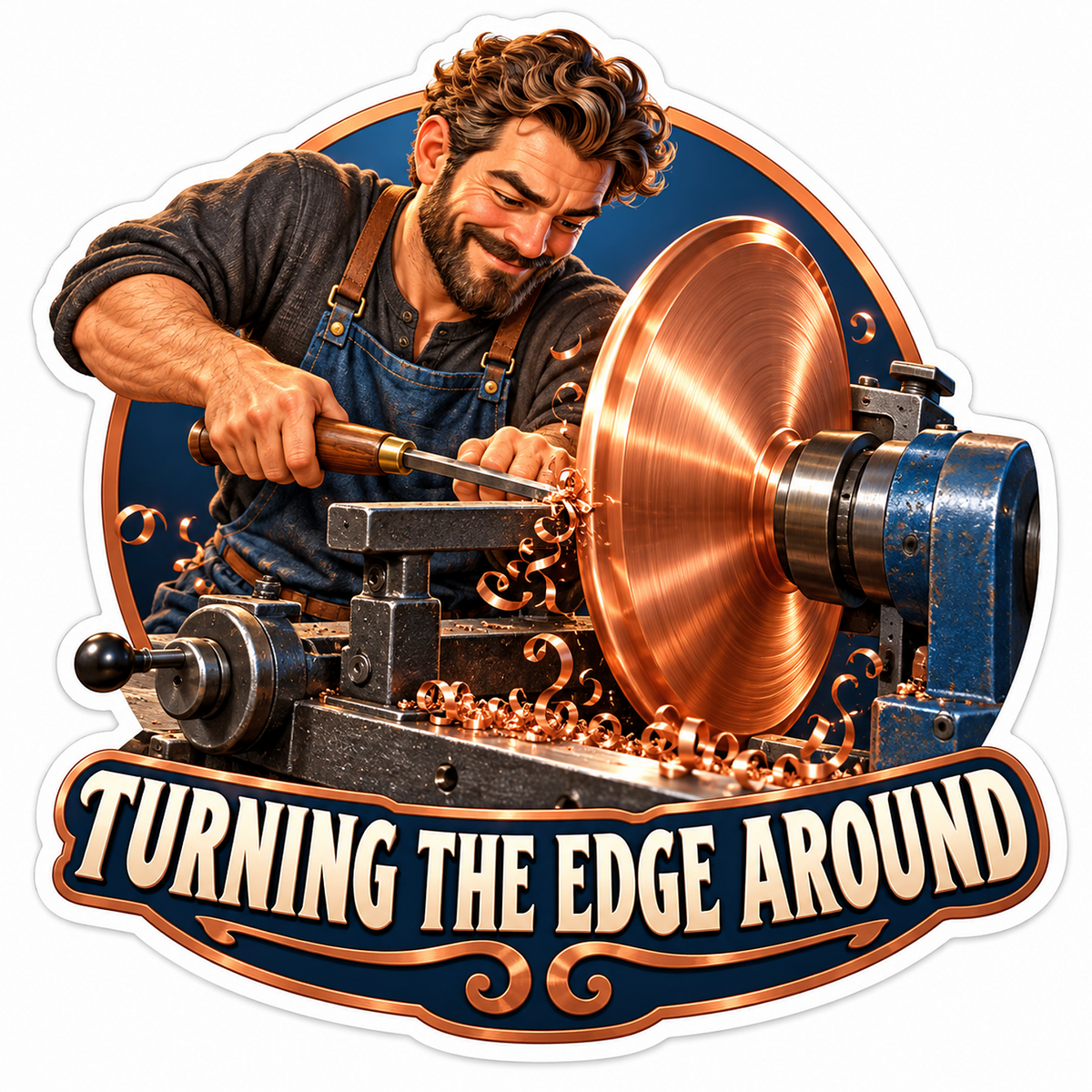 Man Turning Large Copper Disc on Metal Lathe Vinyl Decal Stickers