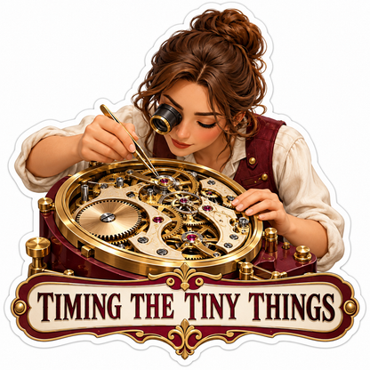 Woman Inspecting Ornate Gold Clock Gears Vinyl Decal Stickers