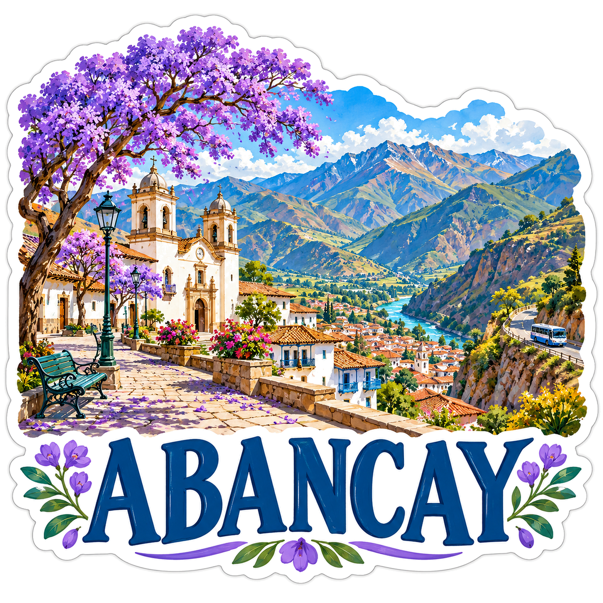 Abancay Mountain Valley and Purple Tree Art Vinyl Decal Stickers