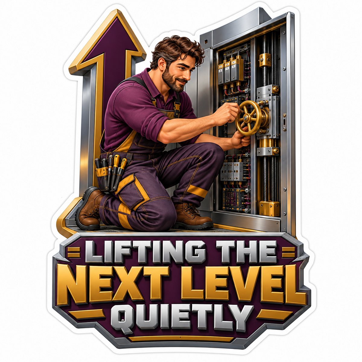 Lift Technician beside a Tall Purple Arrow Vinyl Decal Stickers
