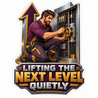 Lift Technician beside a Tall Purple Arrow Vinyl Decal Stickers