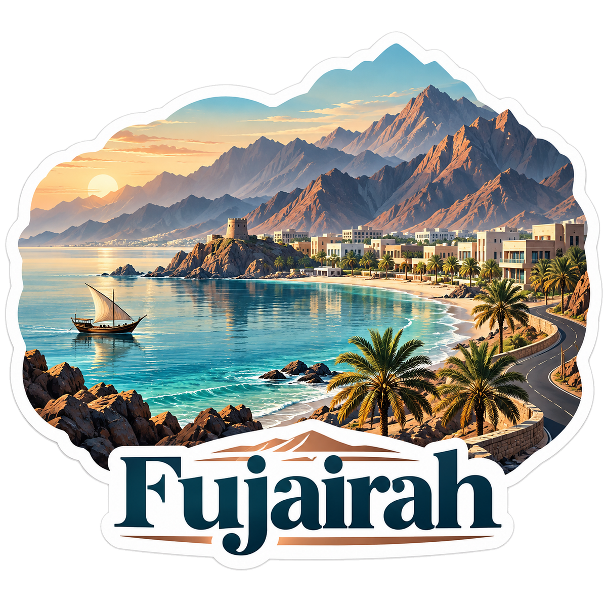 Fujairah Mountain Coast and Sailboat Vinyl Decal Stickers