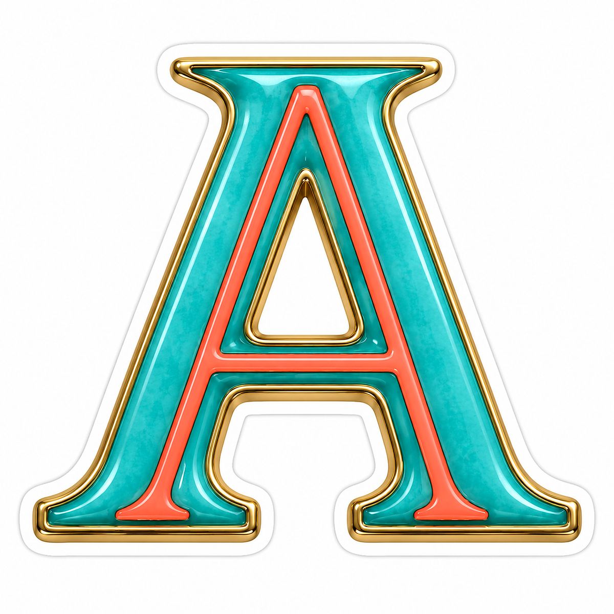 Aquamarine Coral Gold Border Letter A Vinyl Decal Stickers