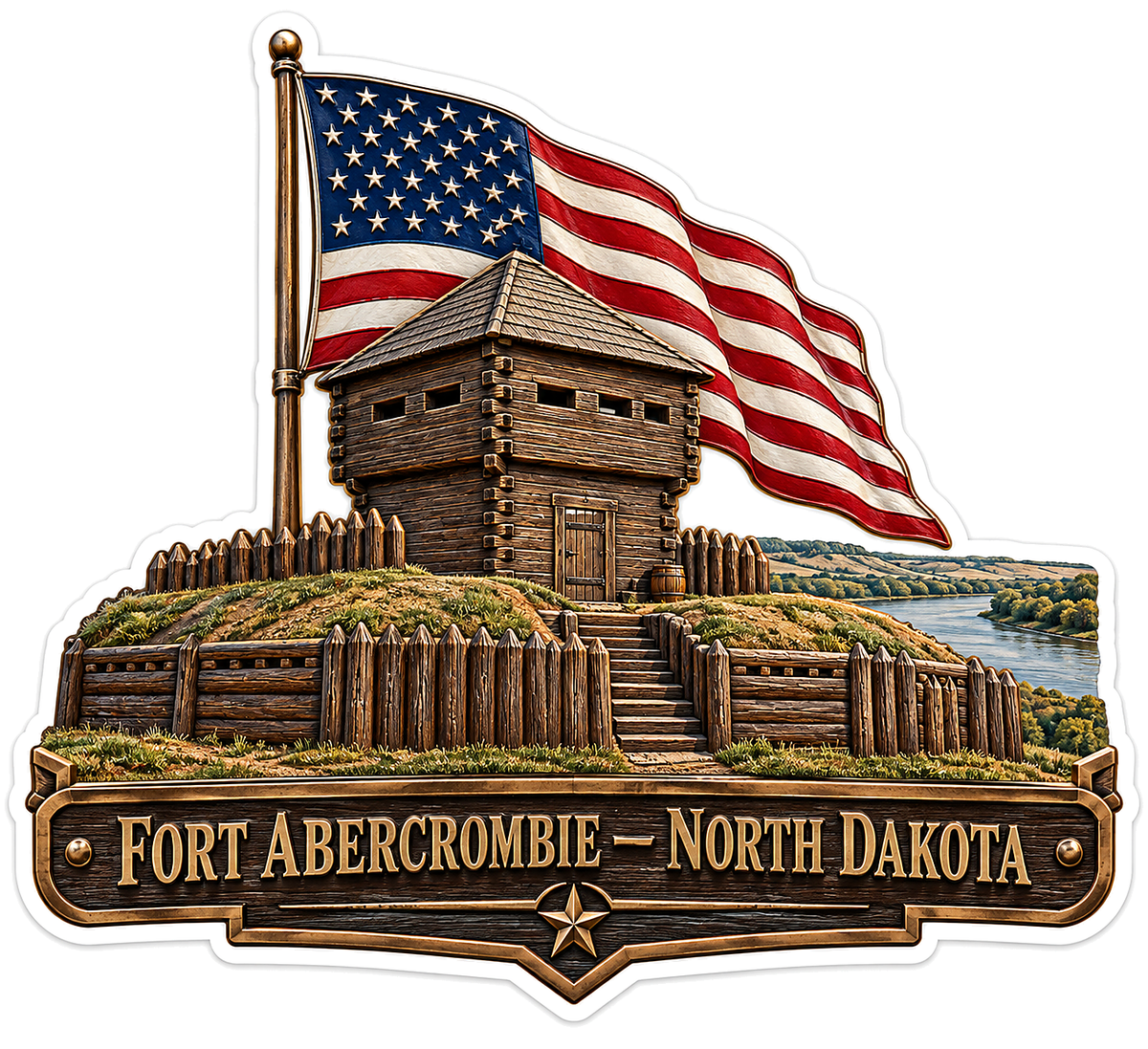US Flag over North Dakota Wooden Blockhouse Art Vinyl Decal Stickers