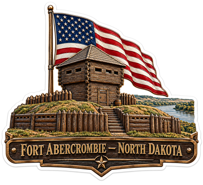US Flag over North Dakota Wooden Blockhouse Art Vinyl Decal Stickers