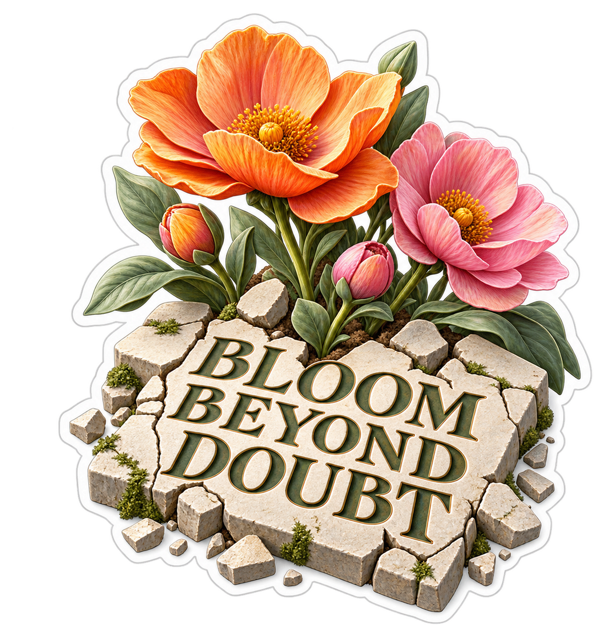 Orange Pink Flowers on Stone Art Vinyl Decal Stickers