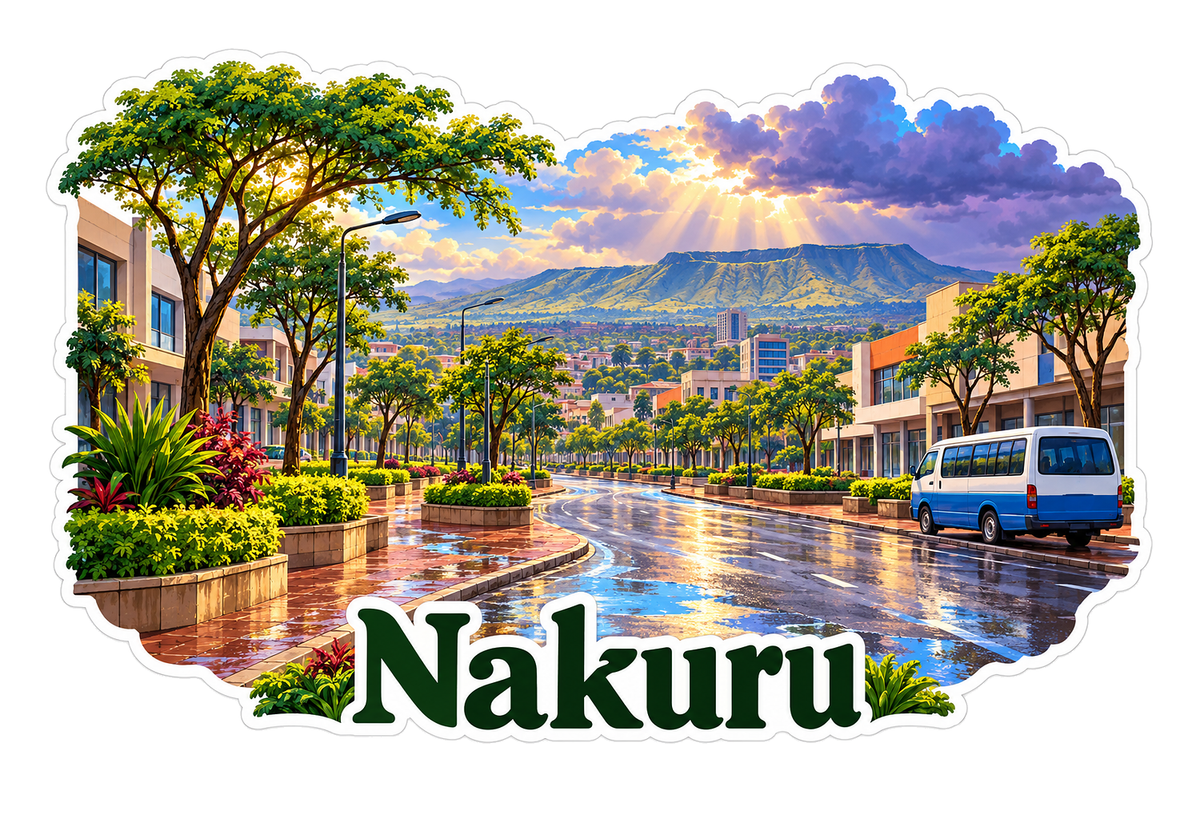 Nakuru Rainy Avenue and Blue Van at Sunset Vinyl Decal Stickers