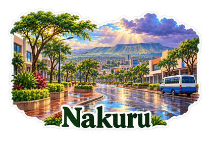 Nakuru Rainy Avenue and Blue Van at Sunset Vinyl Decal Stickers