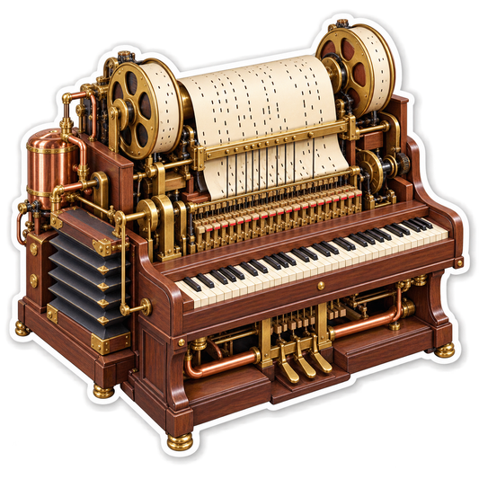 Wooden Player Piano with Perforated Paper Roll Vinyl Decal Stickers