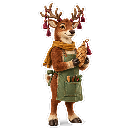 Reindeer Crafter Holding Pinecone Art Vinyl Decal Stickers