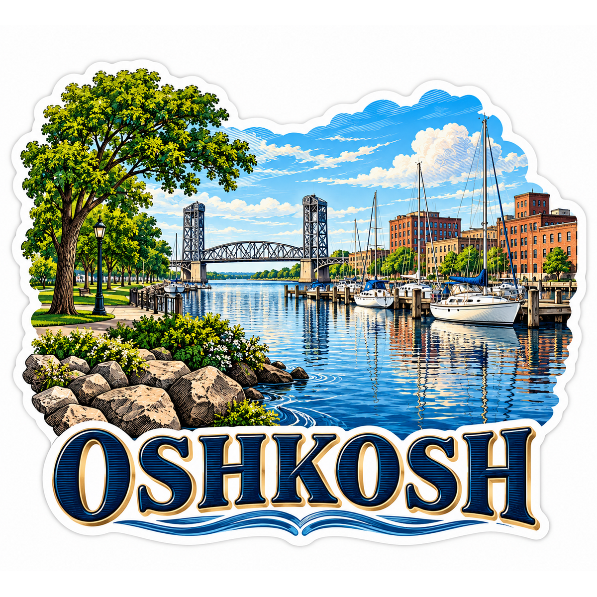Oshkosh Summer Harbor and Lift Bridge Art Vinyl Decal Stickers