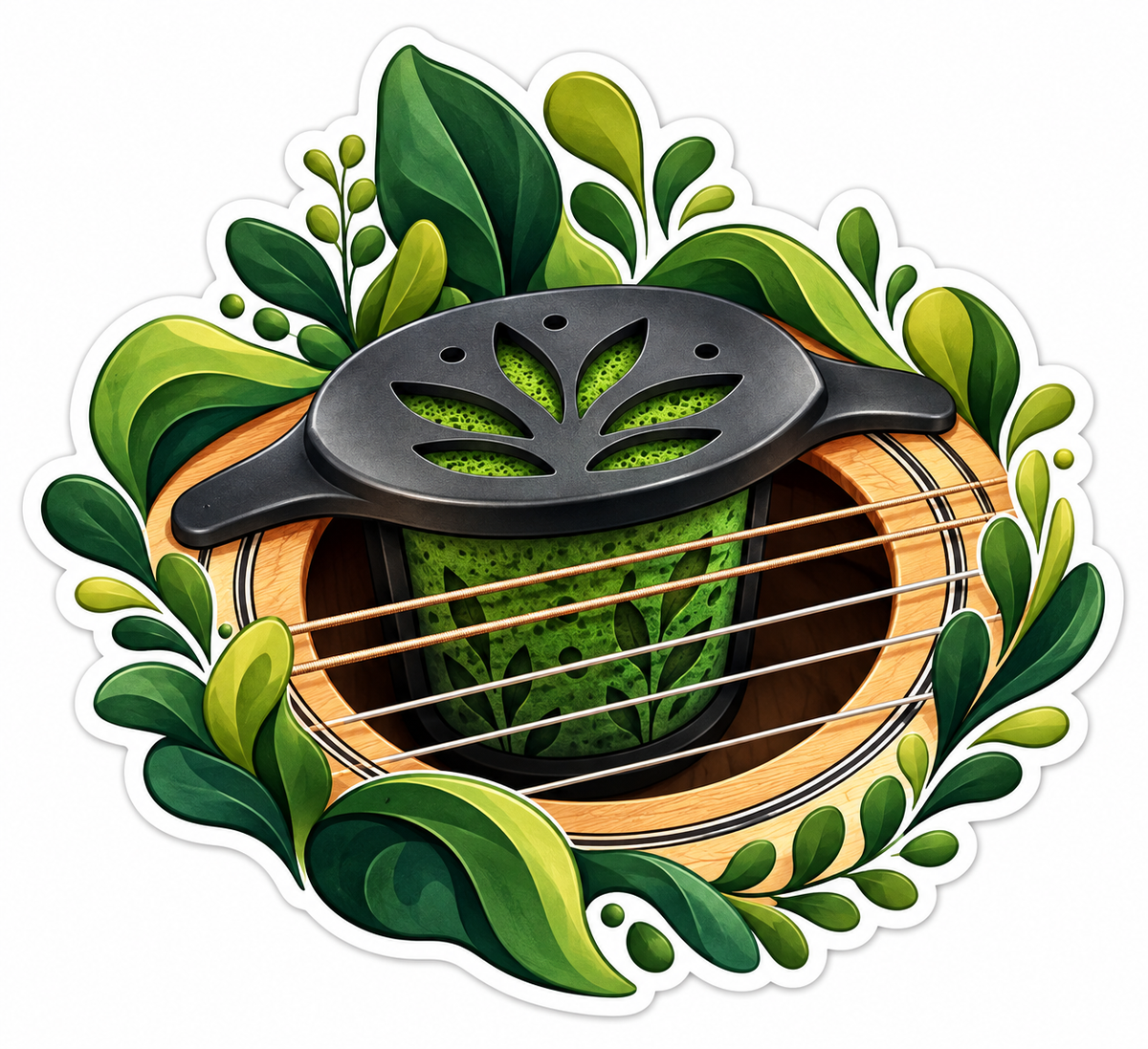 Guitar Sound Hole and Green Foliage Art Vinyl Decal Stickers