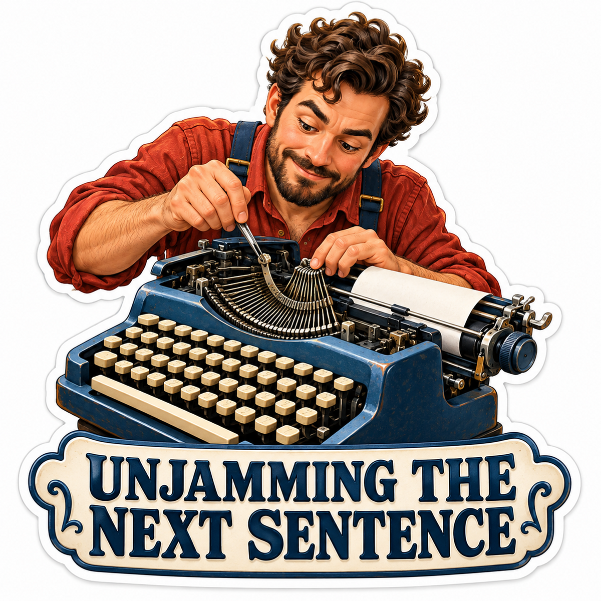 Repairman Adjusting a Blue Vintage Typewriter Vinyl Decal Stickers