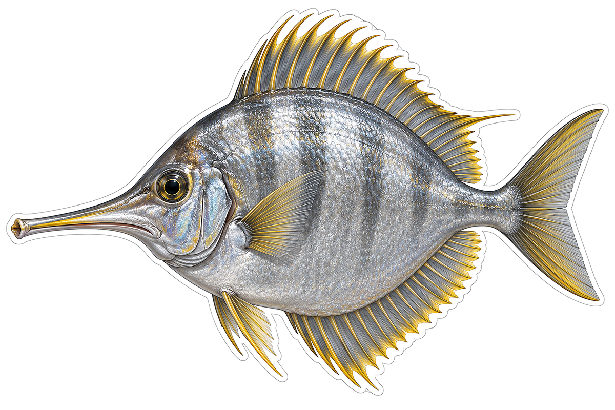 Silver Disk Fish Long Snout Gold Fins Art Vinyl Decal Stickers