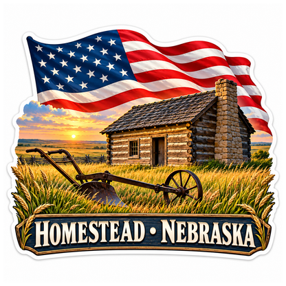 Homestead Nebraska Cabin Flag Art Vinyl Decal Stickers