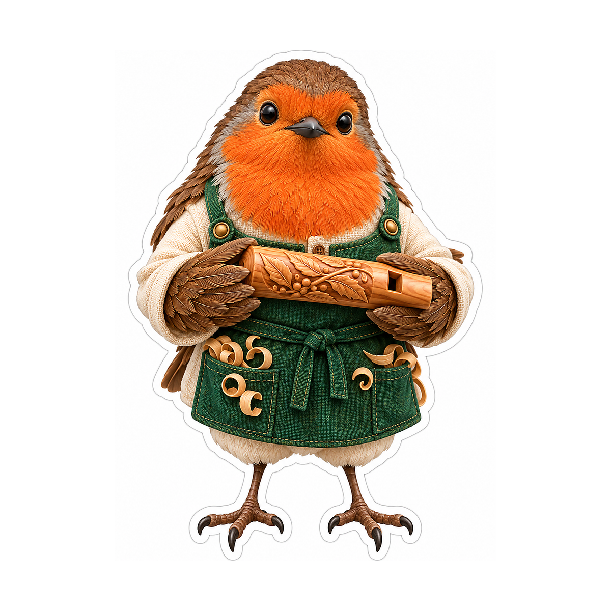 Robin in Green Apron with Carved Wood Vinyl Decal Stickers