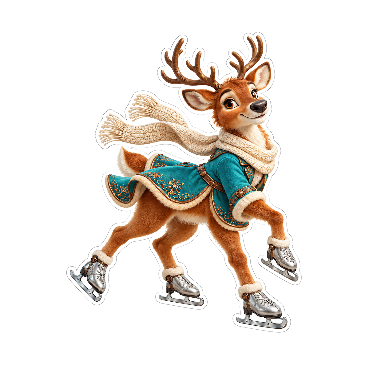 Ice Skating Reindeer in Teal Winter Coat Vinyl Decal Stickers