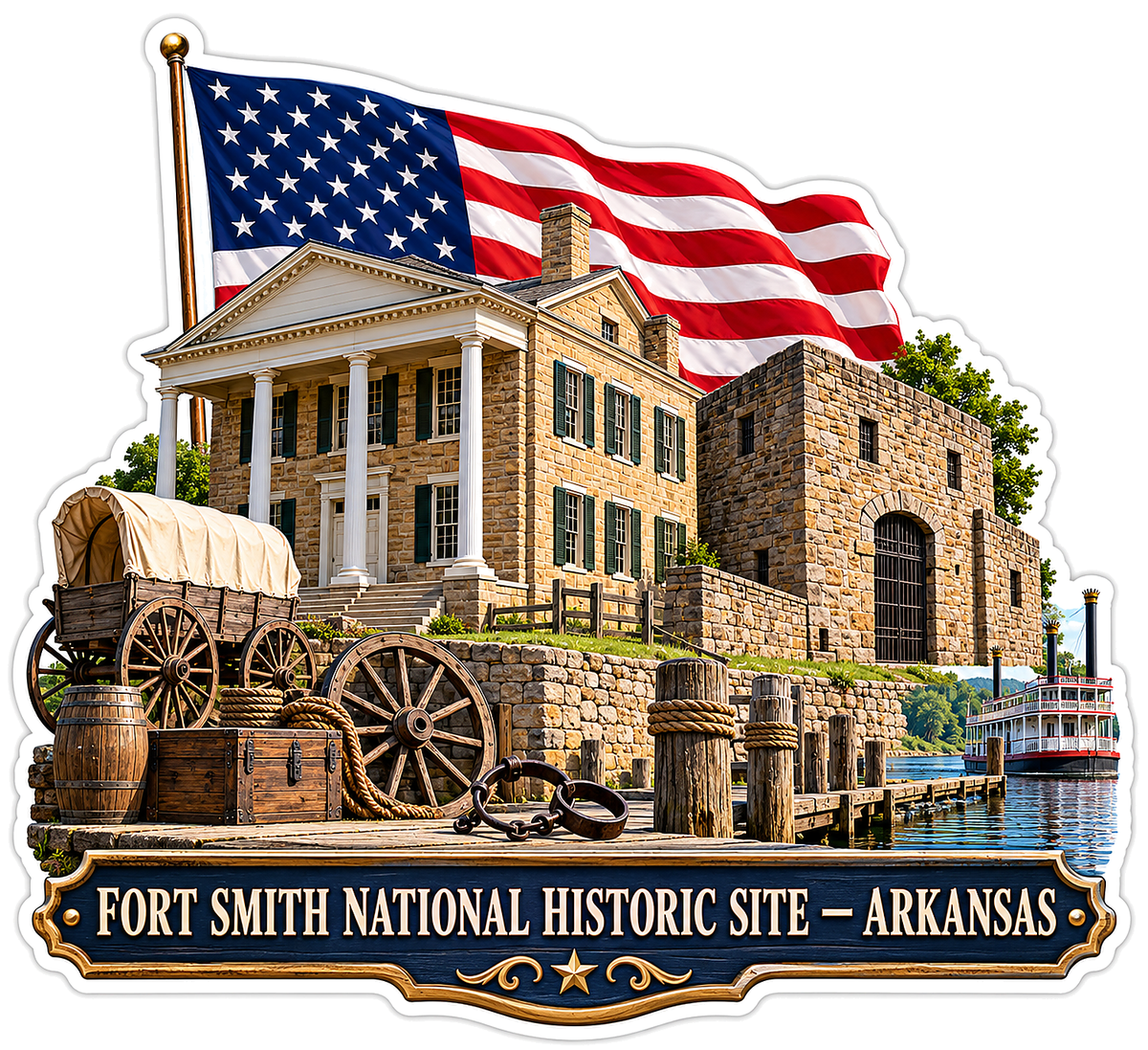 US Flag Stone Courthouse and Covered Wagon Vinyl Decal Stickers