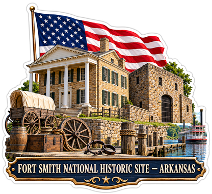 US Flag Stone Courthouse and Covered Wagon Vinyl Decal Stickers