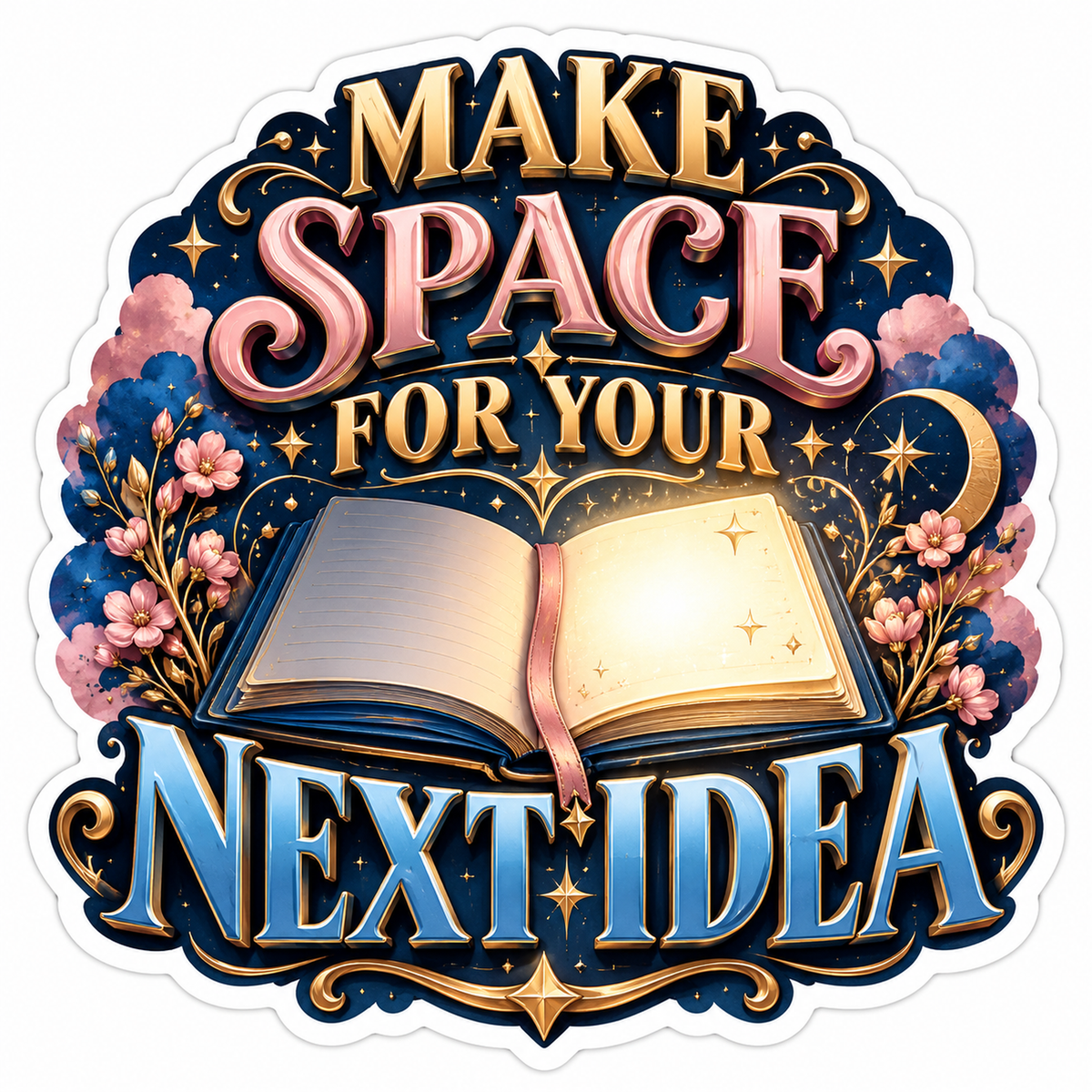 Idea Quote with Open Book and Pink Flowers Art Vinyl Decal Stickers