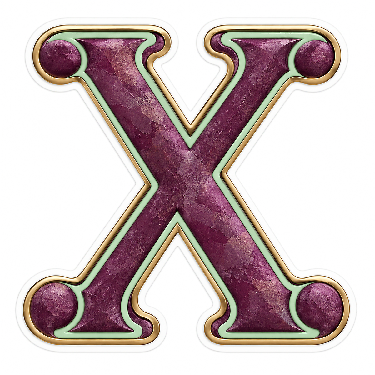 Plum Mottled Mint Gold Trim Letter X Vinyl Decal Stickers