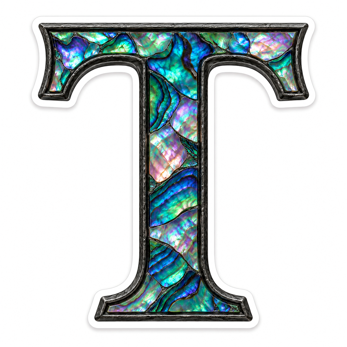 Iridescent Shell Mosaic Letter T Dark Edge Vinyl Decal Stickers