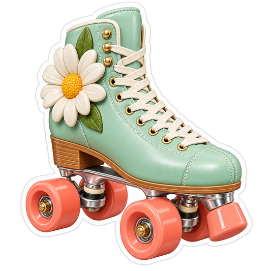 Mint Roller Skate with Daisy and Coral Wheels Vinyl Decal Stickers