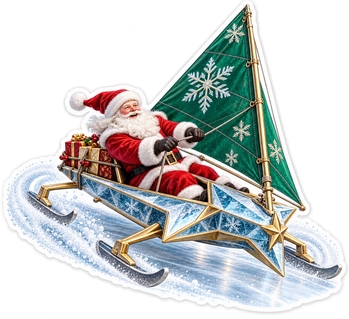 Santa Sailing Green Snowflake Iceboat Art Vinyl Decal Stickers