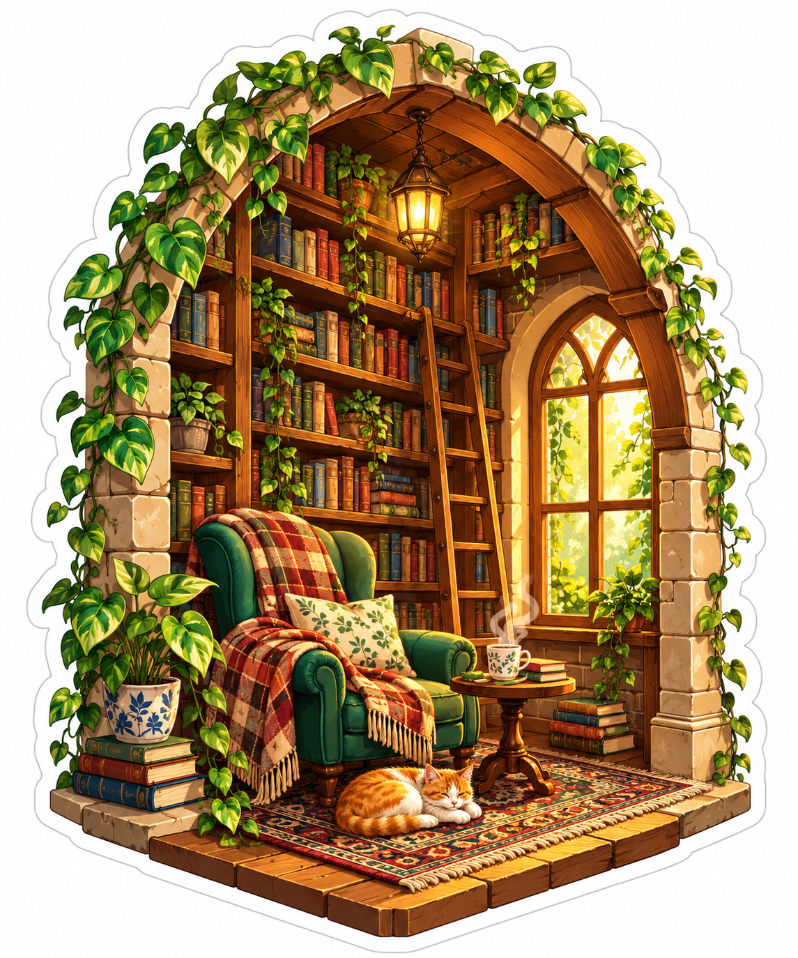 Arched Library Nook with Chair and Cat Vinyl Decal Stickers