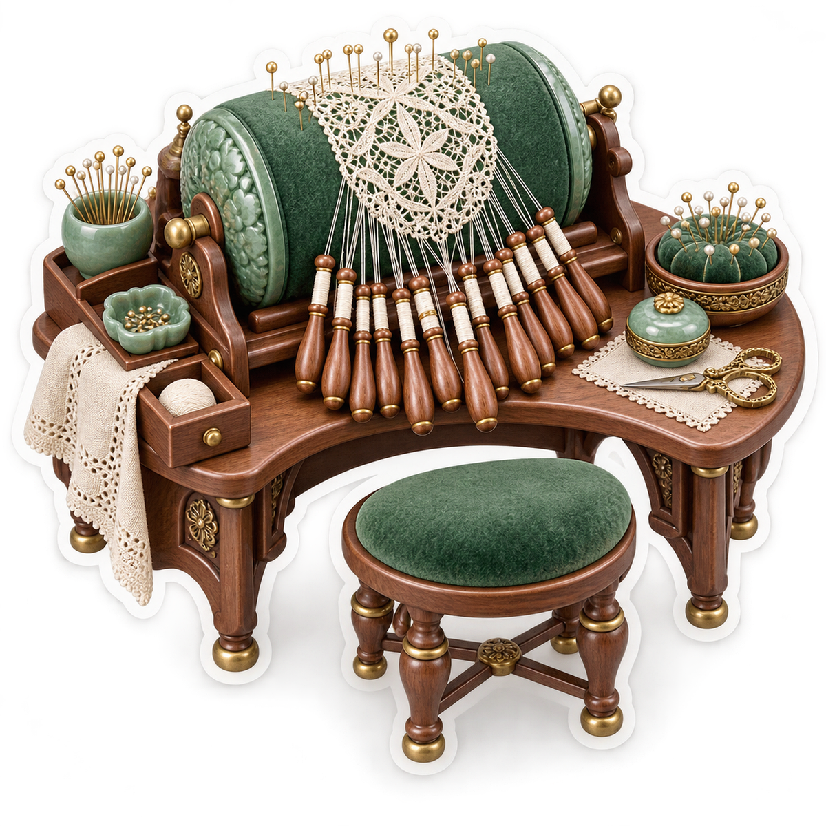Green Lace Pillow with Wooden Bobbin Tools Vinyl Decal Stickers