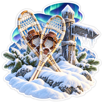 Snowshoes by Frozen Sign beneath Aurora Vinyl Decal Stickers